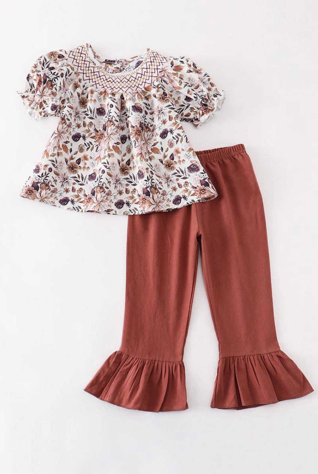 Brown Floral Smocked Ruffle Pants Set