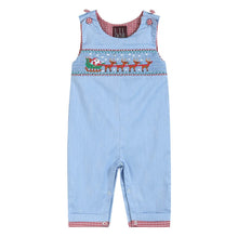 Load image into Gallery viewer, Light Blue Smocked Santa and Sleigh Baby Overalls

