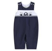Load image into Gallery viewer, Navy Blue Christmas Nativity Smocked Baby Overalls

