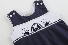 Load image into Gallery viewer, Navy Blue Christmas Nativity Smocked Baby Overalls
