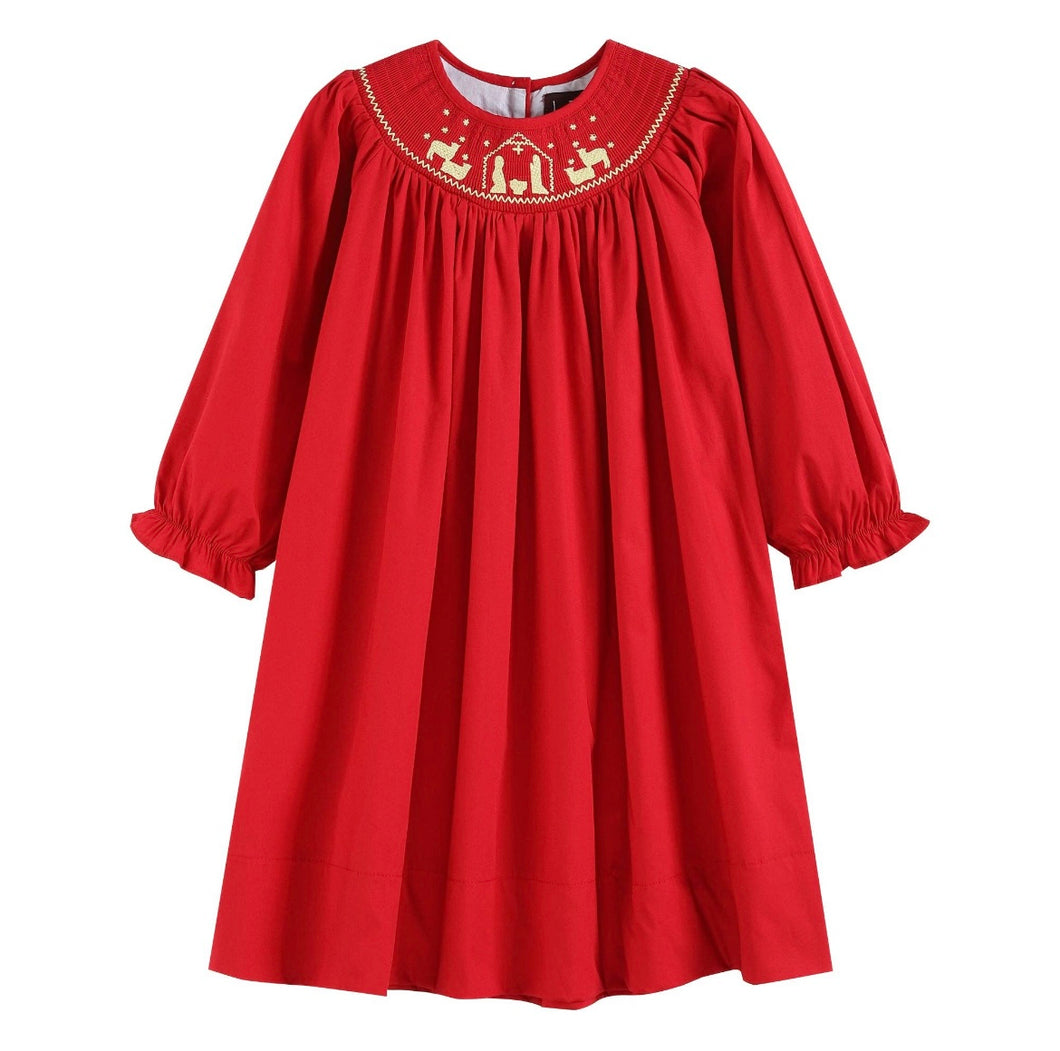 Red and Gold Nativity Smocked Long Sleeve Dress