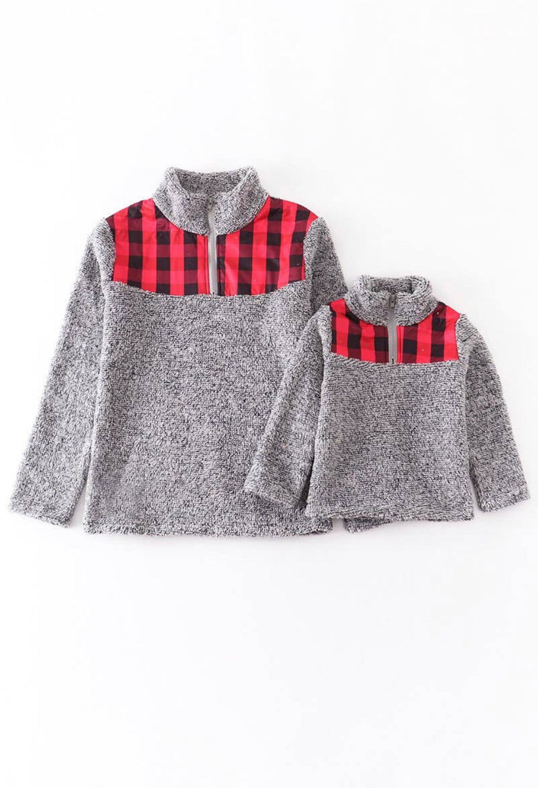 Red Black Plaid & Grey Half Zip Pull Over- Mommy & Me