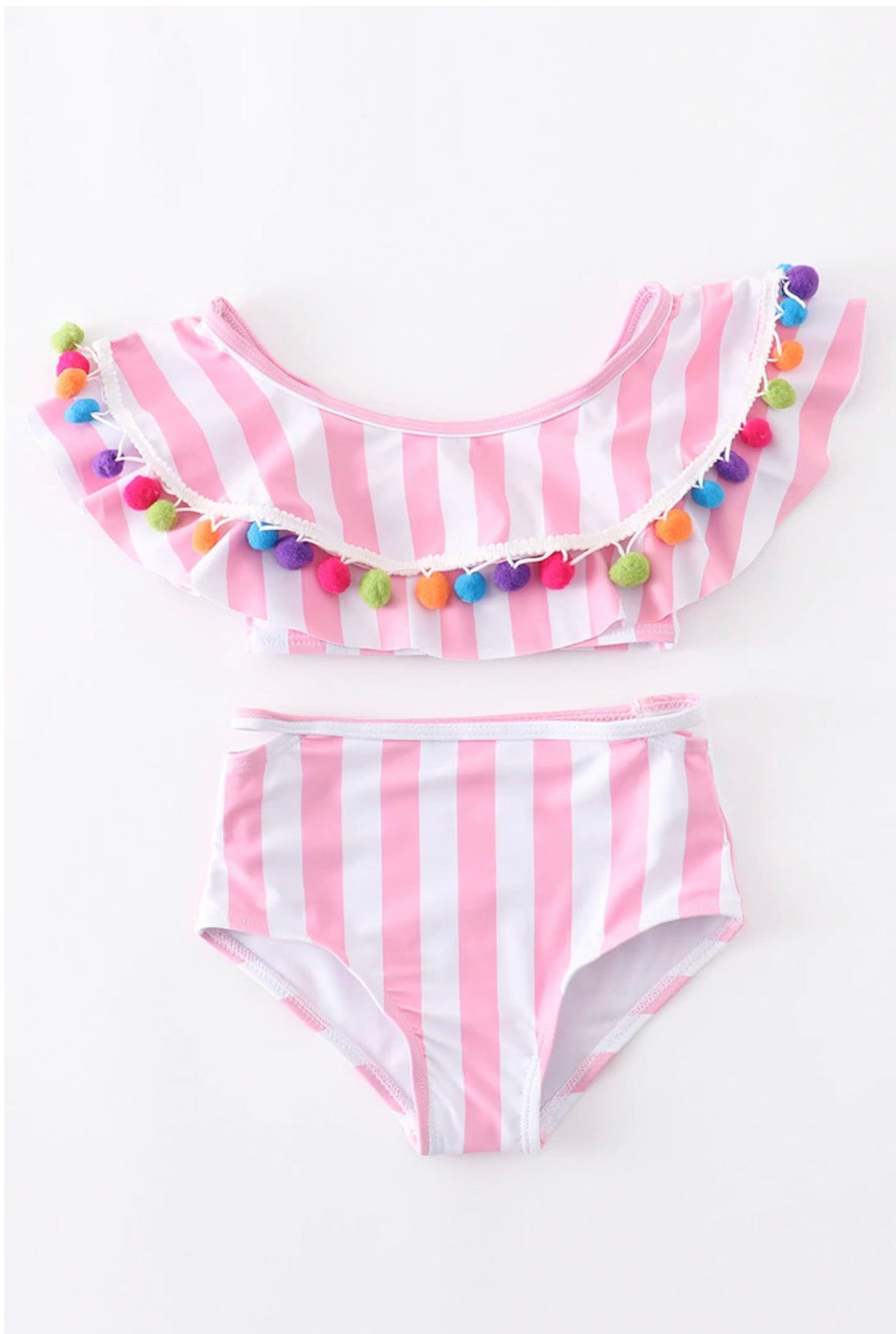 Girl's Pink Stripe &  Pom Pom Swim suit