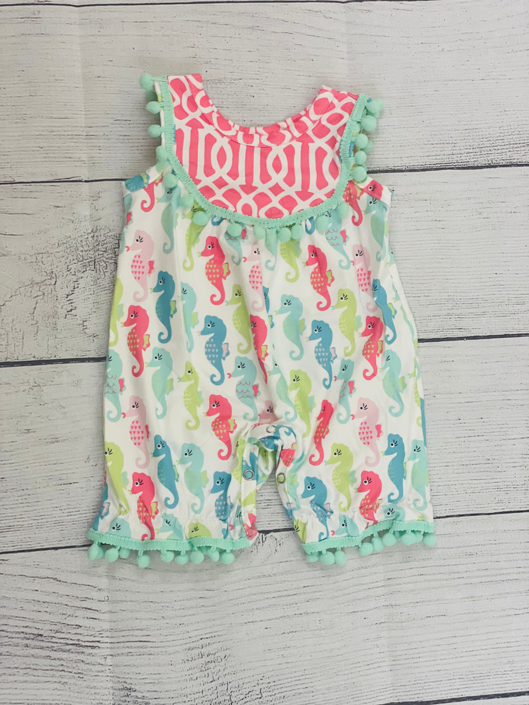 Pink, Blue & Teal Seahorse Ruffle Romper with Pom-pom Trim