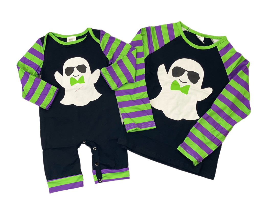 Boy's Halloween Green Stripes Boo Top and Romper