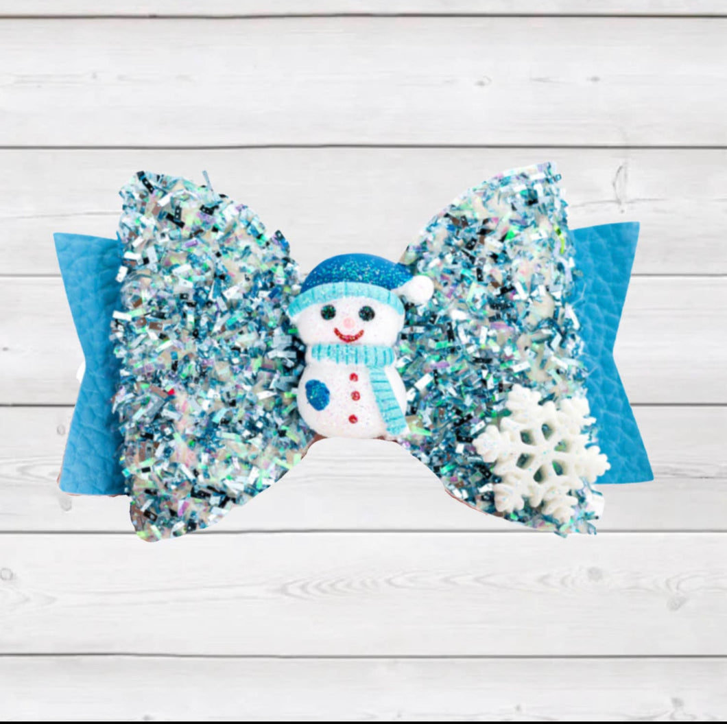 Holiday Hair bow - Blue Glitter Snowman