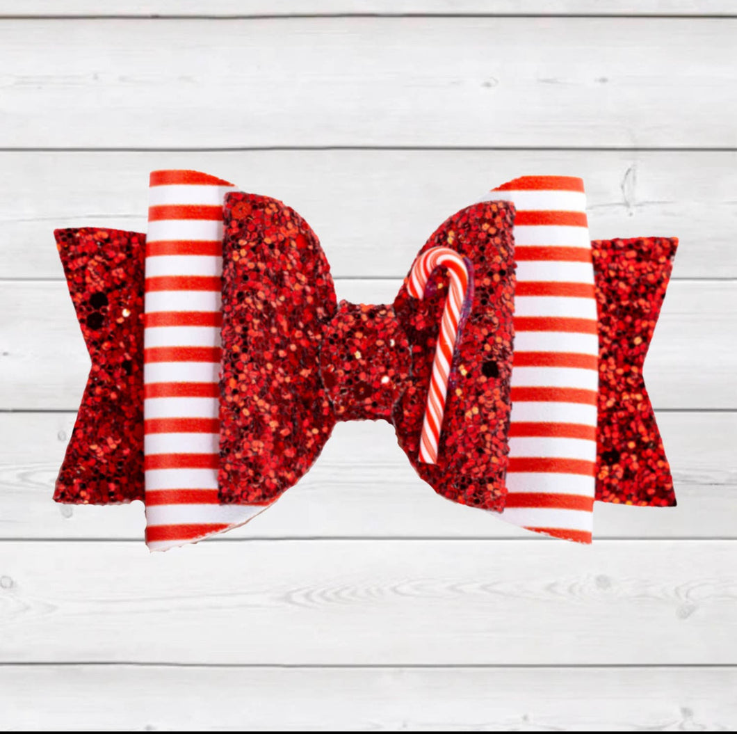 Holiday Hair bow - Red/White Glitter Candy Cane