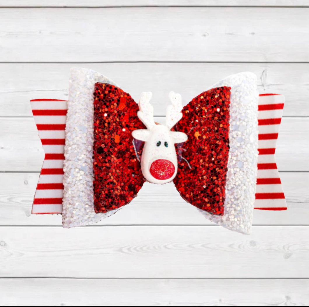 Holiday Hair bow - Red/White Glitter Reindeer