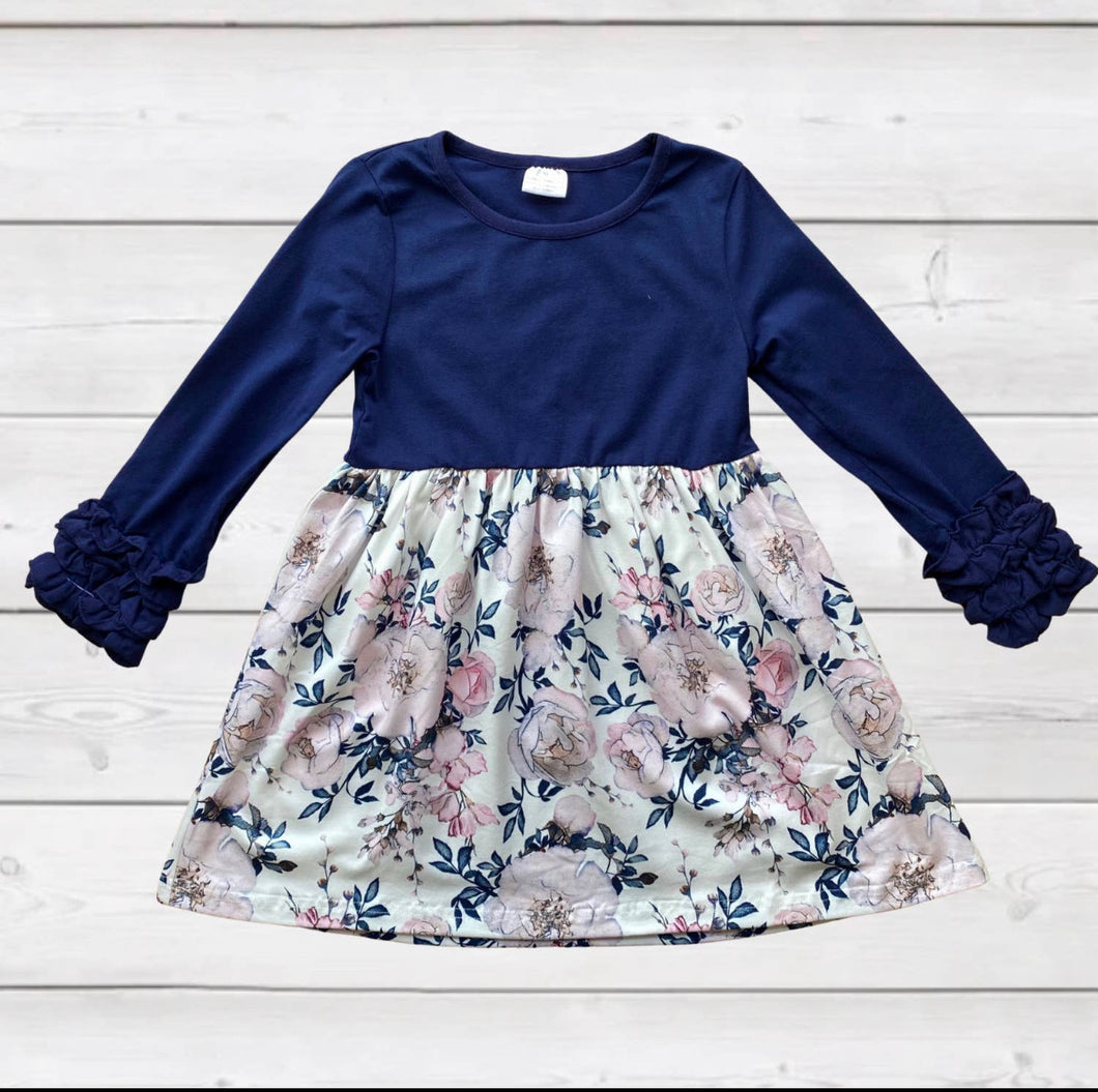 Navy Ruffle Accent and Floral Dress